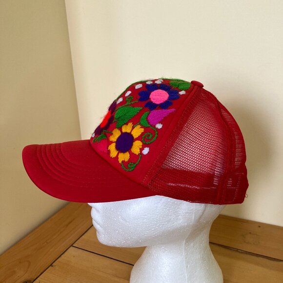 Mexico Embroidered Trucker Hat Red Oaxaca Floral Snapback Mesh Baseball Cap - Picture 5 of 10